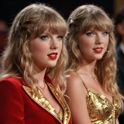 Close up shot of Caroline Munro combined with taylor swift as Princess Aura in Flash Gordon 1980, Red Gold and Black outfit, film still