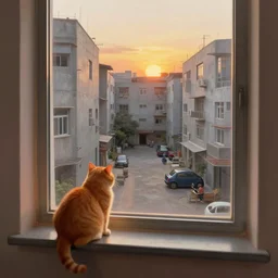 the view from inside an apartment looking out a window into a busy concrete courtyard, by alan lee, sunset, windowsill has a fat orange cat, window glass reflecting, intricate, highly detailed terrain, digital painting, artstation, concept art, smooth, sharp focus, illustration, vfx