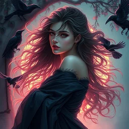 beautiful, haunting young woman, detailed gorgeous face, flowing hair, vaporwave aesthetic, synthwave long luxurious gown, branches, leaves, digital art, ravens, digital painting, artstation, concept art, smooth, sharp focus, illustration, art by artgerm and greg rutkowski and alphonse mucha