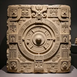 a decorative Aztec stone panel depicting the use of a time travel machine. Aztec artifact by Pacal Votan. 4K high quality museum collection photograph