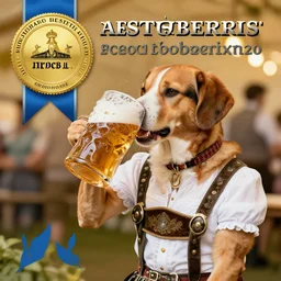 dog in austrian folk costume drinking beer at octoberfest, award-winning photo