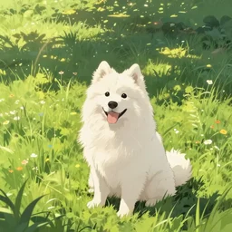 a samoyed dog sitting in the middle of sunny meadow, by Hideaki Anno