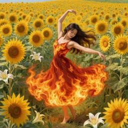 beautiful young girl dancing in a fiery dress in a beautiful field of sunflowers and lilies, high detail, very realistic, by greg rutkowski, by james gurney ultra clear detailed, digital painting by ( ( makoto shinkai ) ), moebius moebius, surrealism, trending on artstation