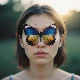 head and shoulder frontal face portrait analog photography of a woman with big butterflies over her face by jovana rikalo. kodak portra. ( depth of field ). whirl bokeh!!. golden hour. detailed. hq. realistic. warm light. muted colors. lens flare. mamiya 7 ii, f / 1. 2, symmetrical balance, in - frame