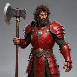 male warrior, blood red armor, giant axe, messy curly hair, unkempt beard, dark brown skin, ready to fight, realistic, character select portrait, highly detailed, by artgerm, greg rutkowski, alphonse mucha, 3 d