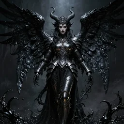 masterpiece portrait of an beautiful infernal angel with sentinel armor, surrounded by black liquid occult swirls, horror, dramatic lighting, h. r. giger, greg rutkowski, alphonse mucha, artgerm, donato giancola, tom bagshaw, trending on cgsociety, octane render, 8 k