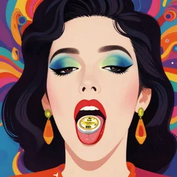 a colorful vibrant closeup portrait of a woman in 8 0 s makeup licking a tab of lsd acid on his tongue and dreaming psychedelic hallucinations, by kawase hasui, moebius, edward hopper and james gilleard, zdzislaw beksinski, steven outram colorful flat surreal design, hd, 8 k, artstation