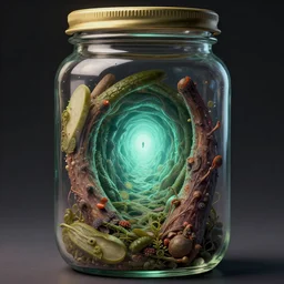 microcosm inside a pickle jar, new dimension, sentient life, portal to new dimension, artgerm, artstation, 8 k, greg rutkowski, ultra detailed,