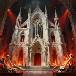 a beautiful and terrifying painting with high details of a church made of white bones and skeletons, with white bones in the foreground, red energetic flame burningmovie atmosphere, movie lights, 8 k, light effect, rtx on, trending on artstation, by kilian eng, lee madgwick, bastien lecouffe - deharme