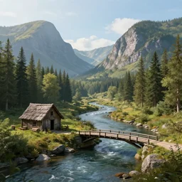 a shack in the woods near a river, little medieval bridge over river, two mountains in background,! river comes from between mountains!, realistic, octane render, ultra detailed, artstation award winner