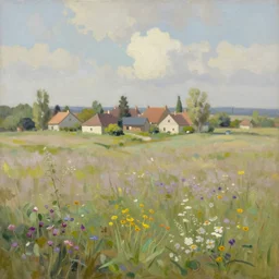 a matte painting of a european prairie, cottage town, patchy flowers, oil painting, pale colors, high detail, 8 k, wide angle, trending on artstation,