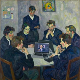a * poetic * painting of a group of people arguing and debating over the internet, early morning. by egon schiele