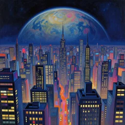 cloisonnism view of city with neon - lit windows on a planet in no mans sky, masterpiece, symmetrical balance, in - frame, rule of thirds, bekskinski, syd mead, moebius