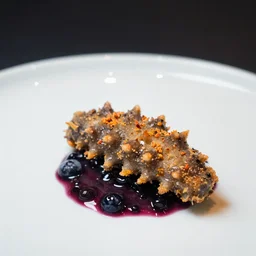 deep fried sea cucumbers served on a bed of blueberry jam, michelin star restaurant, 4k photo