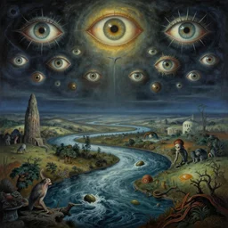 A very detailed surreal fantasy horror painting by Manjit Bawa and Salvador Dali, unholy landscape, frightening rivers, eyes throughout the sky, trending on artstation, hyper detailed, cosmic horror, 4k, masterpiece, widescreen.