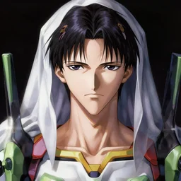 portrait of gendo ikari evangelion, male, thin pursed lips, sharp jaw light black hair soft hair swept back short length hair, anime, fantasy, intricate, elegant, stern, highly detailed, digital painting, artstation sharp focus, hunterpedia madonna art by artgerm and ruan jia and ross tran