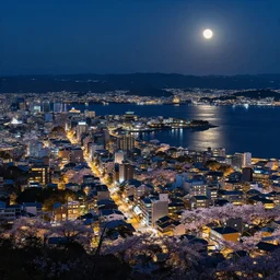 beautiful japanese city at night time, bird eye, side view, sea, lake, moon, bloom, shiny light, realistic,