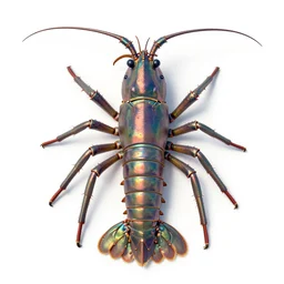 abstract iridescent metallic giant isopod. top view. white background. long shot. centered in frame