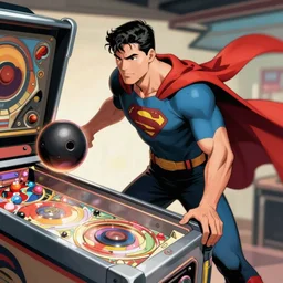 a comic book super hero who is just really good at pinball and throws pinball machines he has a long cape his left hand is missing and instead is a launcher from a pinball machine, 4k, highly detailed, heroic pose, realistic lighting, graphic novel, bright colors, dark lines
