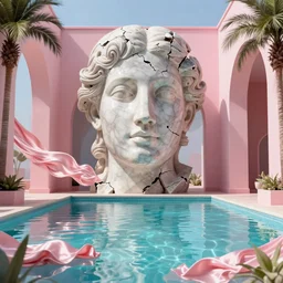 masterpiece, hyperrealistic surrealism, award winning masterpiece with incredible details, epic stunning, infinity pool, a surreal vaporwave liminal space, highly detailed, trending on ArtStation, broken giant marble head statue ruins, calming, meditative, pink arches, flowing silk sheets, palm trees, very vaporwave, very very surreal, sharp details, artgerm and greg rutkowski and alphonse mucha, daily deviation, IAMAG, geometric dreamscape
