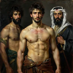 muscular male, orientalist intricate portrait by john william waterhouse and edwin longsden long and theodore ralli and nasreddine dinet, oil on canvas. cinematic, hyper realism, dramatic lighting, high detail