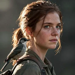 Ellie from the Last of Us with a bird on her shoulder, closeup of shoulder, digital portrait by Greg Rutkowski, intricate, sharp focus, cinematic, epic, artstation