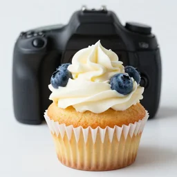 dslr food photograp of a blueberry cupcake white creme topping and a bottle of blueberry sauce on the side, 8 5 mm f 1. 8