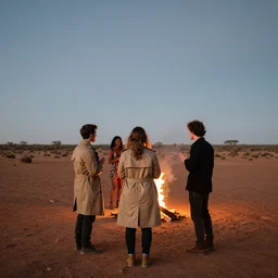 atmospheric photograph of three ravers, two men, one woman in a trenchcoat blessing the earth, seen from behind, talking around a fire, dancefloor kismet, diverse costumes, clean composition, desert transition area, bonfire, night, australian desert, xf iq 4, symmetry, sony a 7 r, 1 5 0 mp, 5 0 mm
