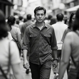 film still, man walking in crowded street, realistic, black and white, detailed, shot on camera