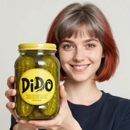 a smiling girl with short grey red hair proudly holding a fido jar into the camera. close up. the fido jar is filled with big green pickles. by ralph mcquarrie. by william zorach, by yves tangui, by john martin