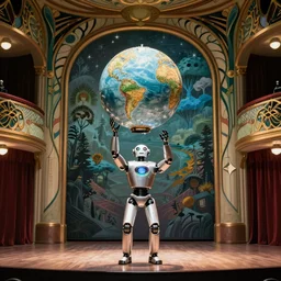 a robot magician on stage in an art nouveau theatre making a globe disappear