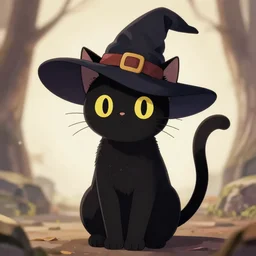 a anime black cat with a witches hat