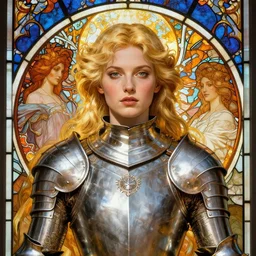 masterpiece head-on symmetrical centered painted portrait, Imogen Poots as a paladin, blonde hair, glorious, wearing full metal armour, glowing stained glass backdrop, elegant, in the style of Ruan Jia and Edgar Maxence and Ross Tran and Alphonse Mucha and Ayami Kojima and Charlie Bowater and Greg Rutkowski and Karol Bak and Jean Delville, Art Nouveau, Pre-Raphaelite, Neo-Gothic, 8k, specular highlights, octane render