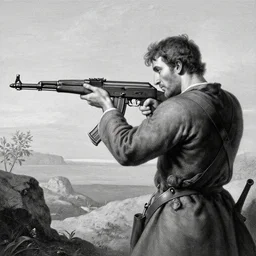 Adam shooting the sname with an AK-47, biblical painting by Gustave Doré, black and white palette, detailed