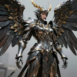 hyper realistic glorious angel of the destruction in a obsidian metal armor, futuristic design, designed by makoto kobayashi and luca zampriolo, portrait, cyberpunk style, wood and gold details, intricate, extremely detailed, ornate, deep of field, hard surface, exoskeleton, substance designer metal, blizzard star craft