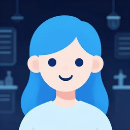 in the style of cel shaded minimalistic vector art : : clean digital corporate art : : pale hologram smiling science girl blue hair : : dark futuristic lab background interior