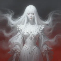 portrait of white ghost, dark fantasy, gradient white red grey, dreamy and ethereal, brown eyes, golden ratio, peaceful expression, ornate frilly dress, fantasy, intricate, elegant, clouds and wind, highly detailed, digital painting, artstation, concept art, smooth, b sharp focus, illustration, art by artgerm and greg rutkowski and alphonse mucha