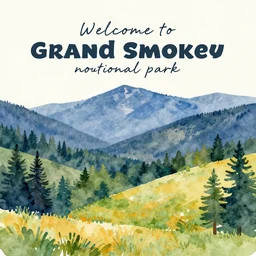 welcome to grand smokey mountains national park! vibrant tourist poster, minimalism, tourism, rich color palate, watercolors, trending on artstation
