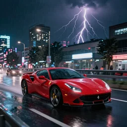 2 1 savage in a ferrari speeding down tokyo highway in the rain, night time, neon lights, thunderstorm, movie still from the film bladerunner