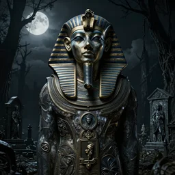 haunting gothic graveyard pharaoh statue, intricate portrait artwork by carlos schwabe, h. r. giger, tom bagshaw, kilian eng, h. r. giger, very coherent artwork, dreamlike, darkness, noir, moonlit, dramatic, octane render, unreal engine, 8 k, high contrast