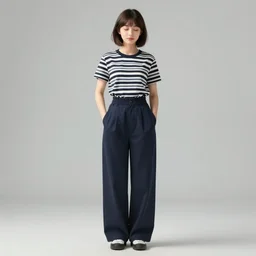 portrait of a girl in long pants and a striped top, hands in pockets, eyes closed, bob haircut, digital art, black and white, lineart by kaoru mori