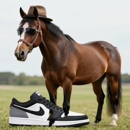 a horse wearing a hat, sunglasses and Nike shoes