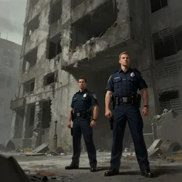 two police guards stand outside a brutalist building, concept art by james paick, cgsociety, antipodeans, reimagined by industrial light and magic, concept art, artstation hd