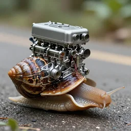 a racing snail with a big v8 engine coming out of its shell