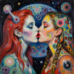 beautiful painting of two bizarre psychedelic women kissing each other closeup on an alien planet, speculative evolution, mixed media collage by basquiat and junji ito, magazine collage art, psychedelic illustration, sapphic art, lesbian art