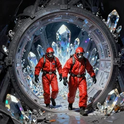 two time travelers wearing red hazmat suits entering the portal to the crystal dimension by frank frazetta. heavy chromatic aberration.