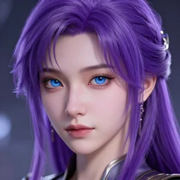 detailed portrait of perfect purple haired girl, sci - fi, beautiful, pretty face, blue eyes, innocent, scifi, 4 k, sun yunjoo, ultra realistic, highlights, cinematic lighting, highly detailed, sharp focus, artstation, masterpiece, art by hyungjin yang and akihiko yoshida and ruan jia