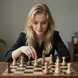 portrait by ilya kuvshinov of a beautiful blonde girl playing chess at a table, slight smile, symmetrical face, trending on pixiv, fhd, detailed, subdued color palette