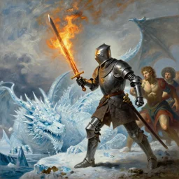 landscape realistic painting image about a templar knight with one mechanical hand carrying a fire sword, and wielding it at the ice dragon. dramatic scene, realism, created by gustave courbet and michaelangelo, trending in artstation, fine art, smooth draw with oil painting.