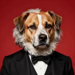 portrait of a dog that looks like Karl Marx in front of a red background